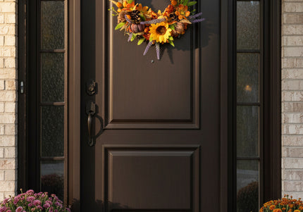 Coroniță Florală Handmade „Autumn Sun” – Aranjament pe Bază de Iută cu Floarea-Soarelui, Dovleci și Lavandă