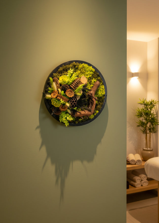 Tablou Biophilic Circular „Emerald Orb” – Panou Decorativ Handmade cu Mușchi, Licheni și Relief de Pădure