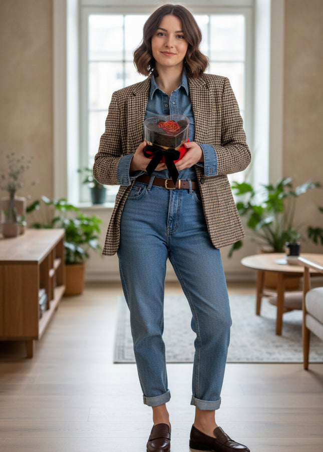 Aranjament de Lux "Golden Petal Heart" cu Trandafir Etern