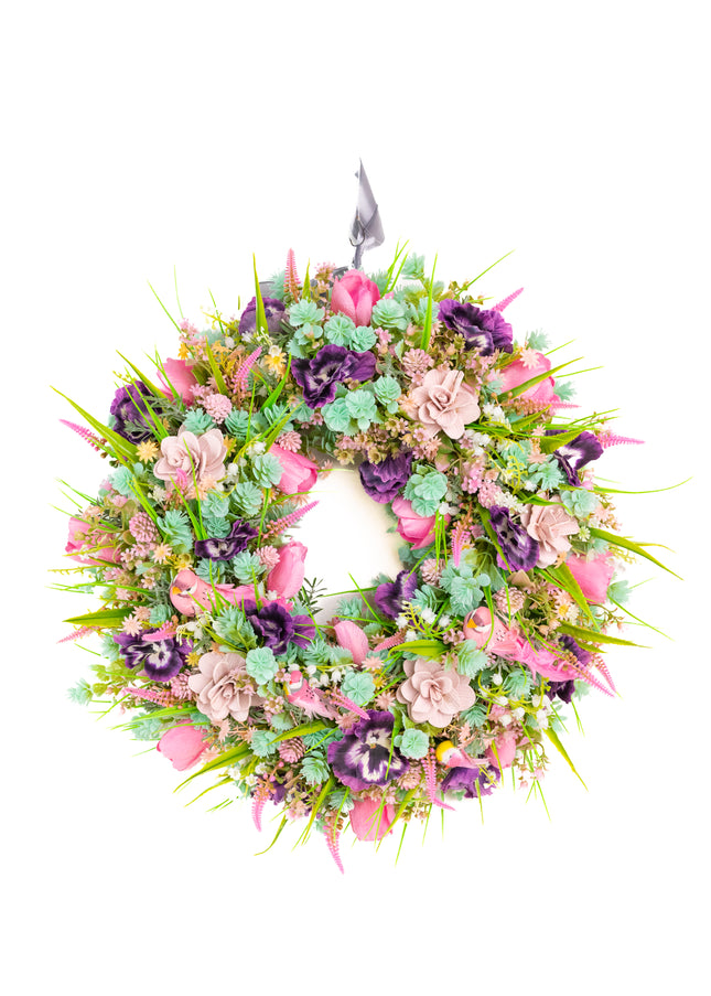 Coroniță florală „Spring Delight” – decor delicat cu flori pastel și accente naturale