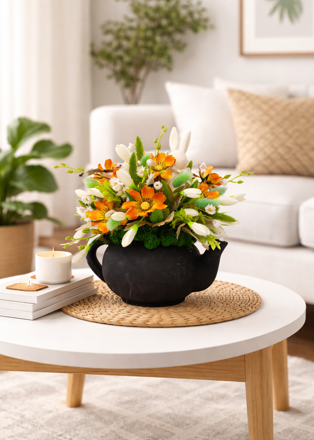 Aranjament de Paște „Spring Teapot” – decor floral în ceainic cu accente naturale