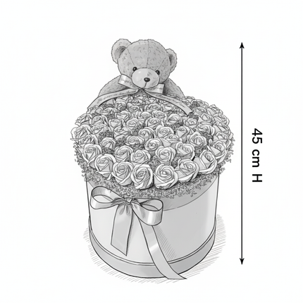 Aranjament Lux Trandafiri Săpun Roz, Ursulet Catifea