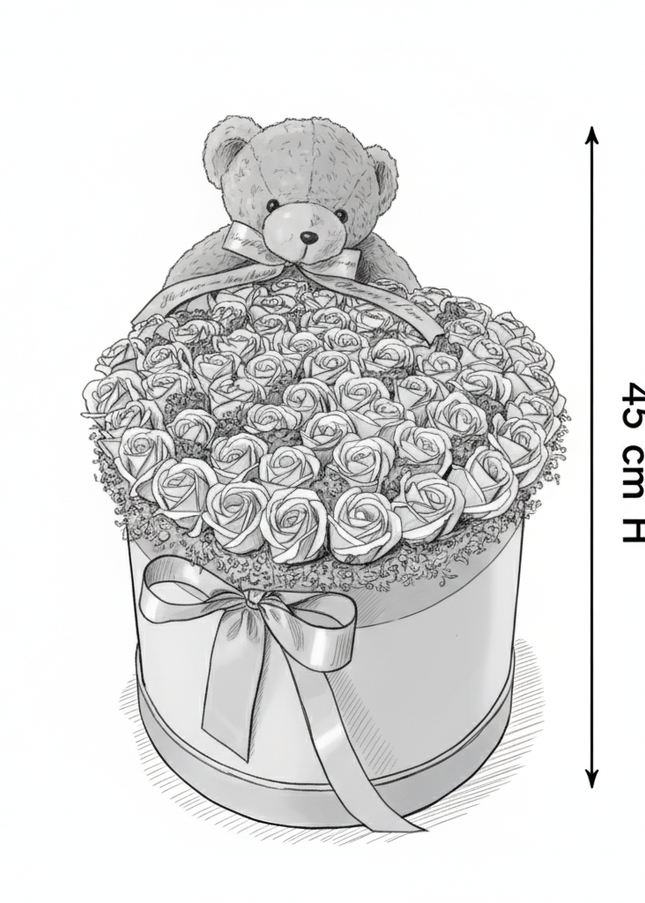 Aranjament Lux Trandafiri Săpun Roz, Ursulet Catifea