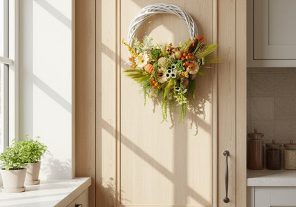 Coroniță Florală „Autumn Harvest” – Aranjament Handmade pe Bază de Răchită Albă, Design Bogat cu Plante Uscate