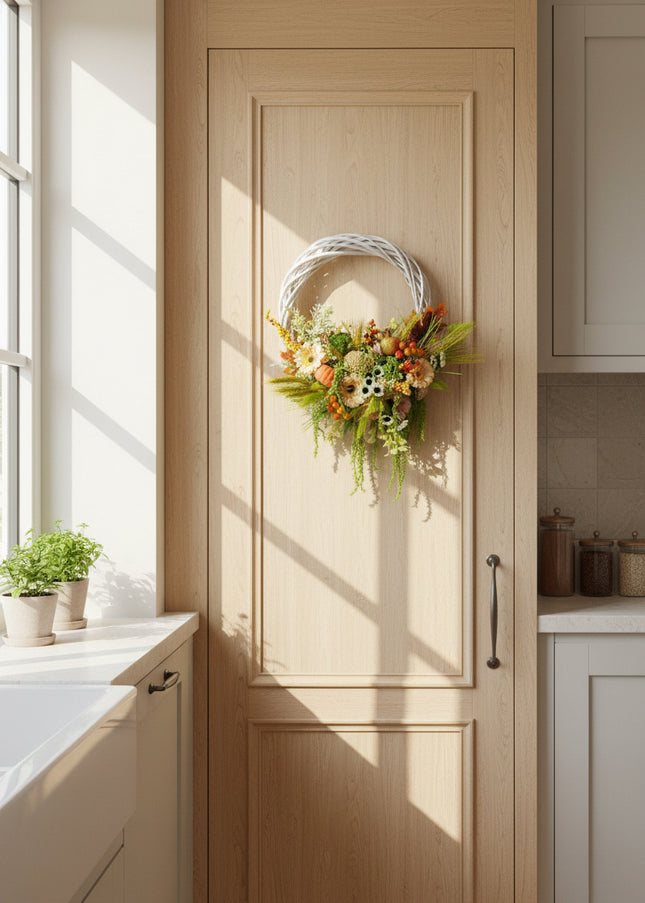 Coroniță Florală „Autumn Harvest” – Aranjament Handmade pe Bază de Răchită Albă, Design Bogat cu Plante Uscate