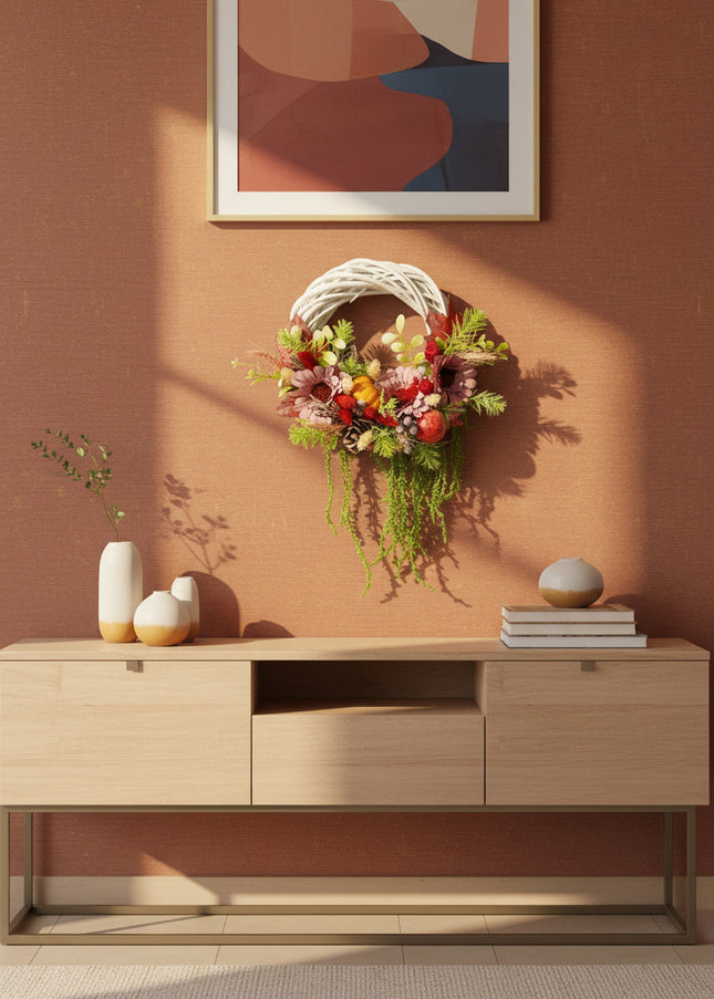 Coroniță Handmade „Autumn Harmony” – Aranjament Floral pe Bază de Răchită Albă cu Flori Roz-Bordo și Elemente de Recoltă