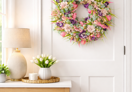 Coroniță florală „Spring Delight” – decor delicat cu flori pastel și accente naturale