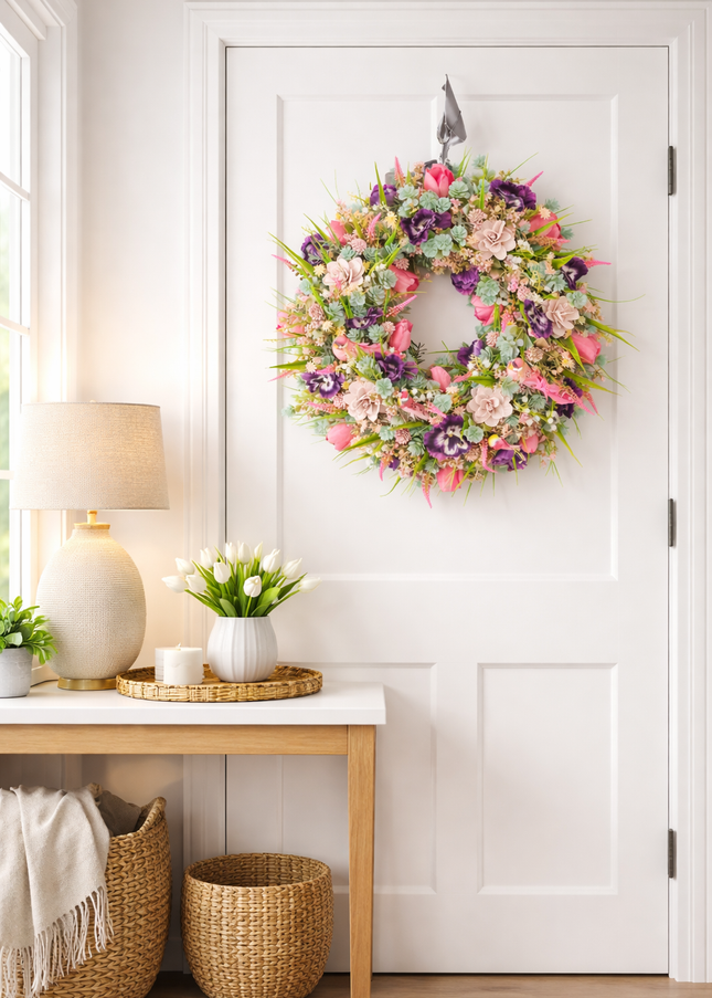 Coroniță florală „Spring Delight” – decor delicat cu flori pastel și accente naturale