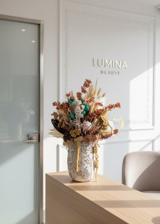 Aranjament Floral „Boho Azure” în Vază Ceramică Texturată – Compoziție Handmade cu Protea, Eucalipt Arămiu și Accente Turcoaz