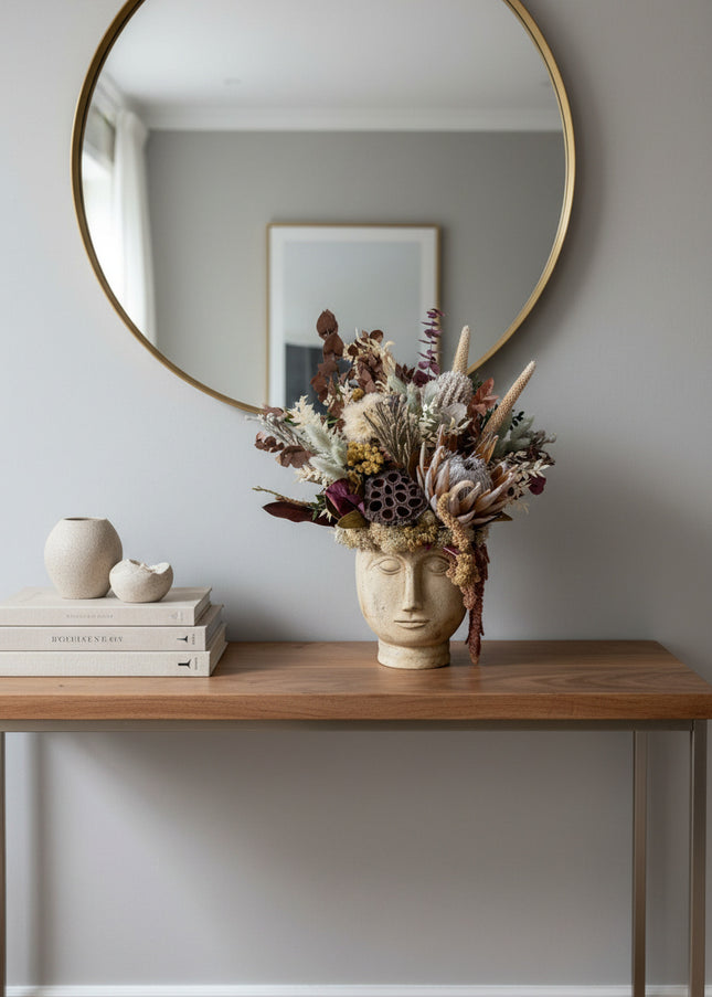 Aranjament Floral „Ancient Muse” în Bust Ceramic – Compoziție Luxury cu Protea King, Banksia și Texturi Botanice Antichizate
