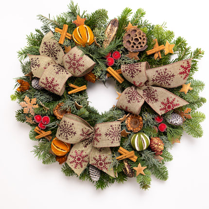 Coroniță Crăciun "Burgundy Snowflake" Mix Brad Natural