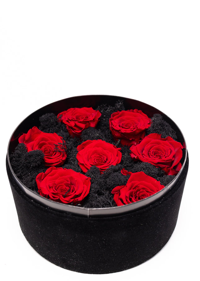 Aranjament Lux 5 Trandafiri Criogenați Roșii, Cutie Catifea Neagră