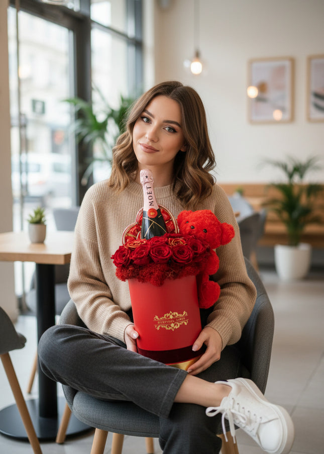 Aranjament Lux 19 Trandafiri Criogenați, Moët, Ursulet & Praline