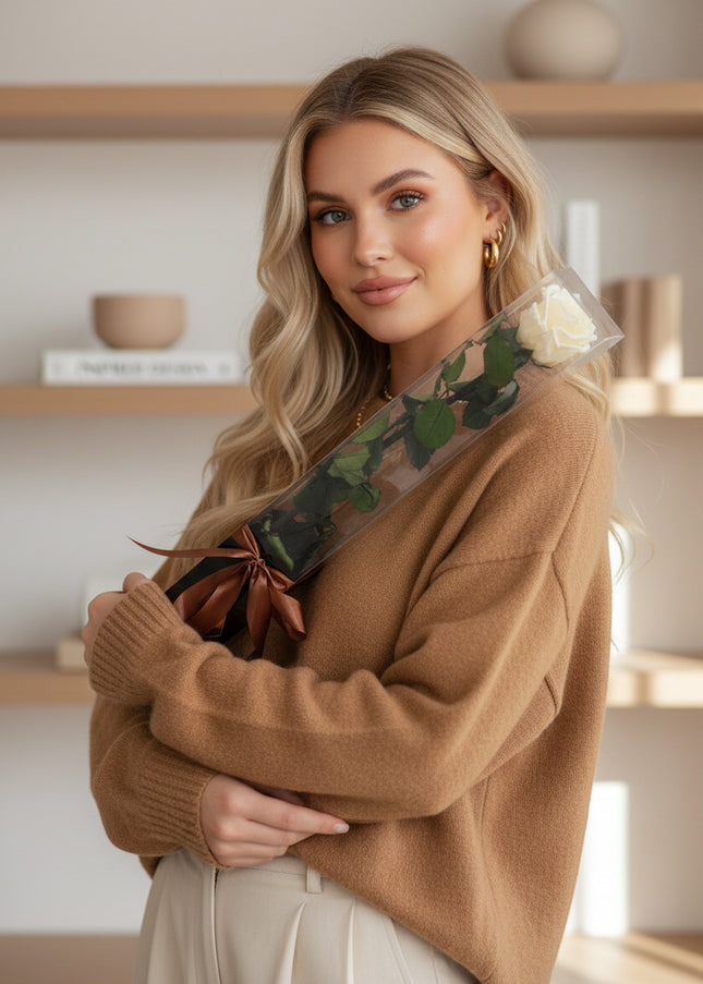 Aranjament de Lux "Ivory Muse" cu Trandafir pe Tulpină