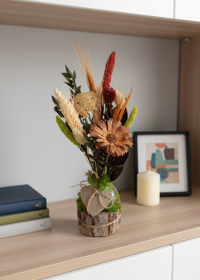 Mini-Aranjament Floral „Rustic Harvest” în Suport de Scoarță – Decor cu Flori Uscate, Grâu și Accente Bordo