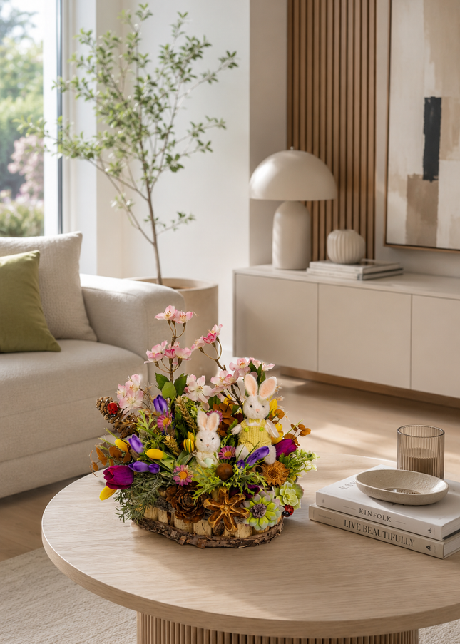 Aranjament floral de Paște „Spring Bunnies” – cu iepurași decorativi