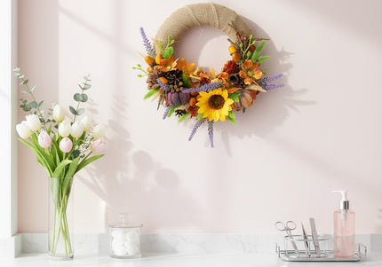 Coroniță Florală Handmade „Autumn Sun” – Aranjament pe Bază de Iută cu Floarea-Soarelui, Dovleci și Lavandă