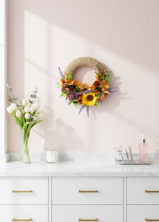 Coroniță Florală Handmade „Autumn Sun” – Aranjament pe Bază de Iută cu Floarea-Soarelui, Dovleci și Lavandă