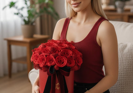 Aranjament cutie vișinie cu trandafiri roșii „Pasiune”