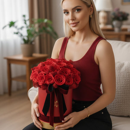 Aranjament cutie vișinie cu trandafiri roșii „Pasiune”