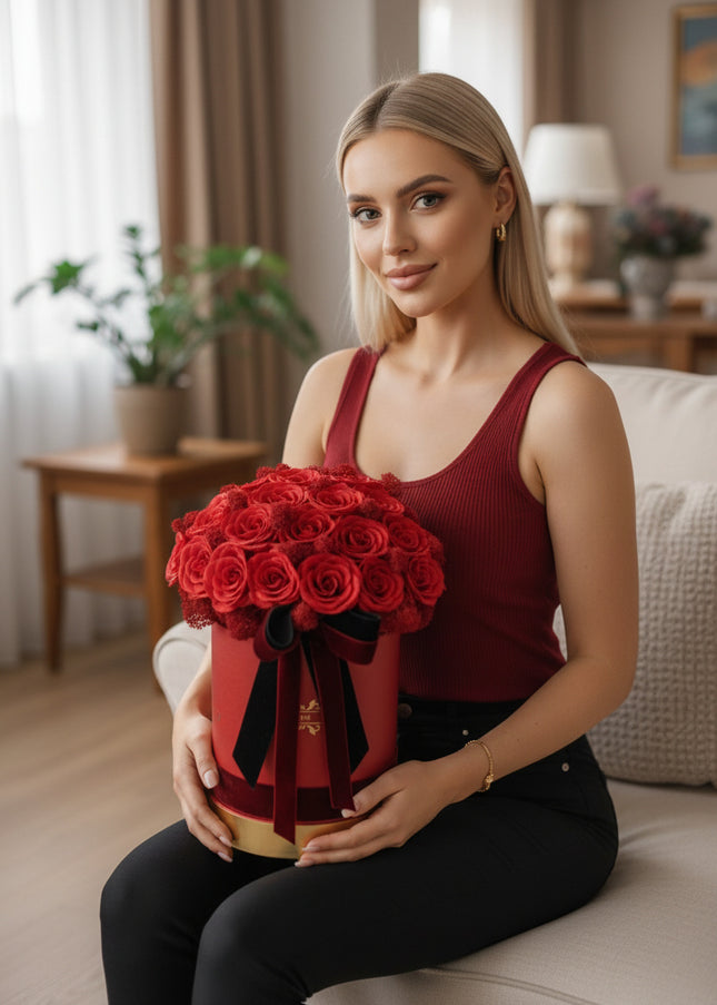 Aranjament cutie vișinie cu trandafiri roșii „Pasiune”