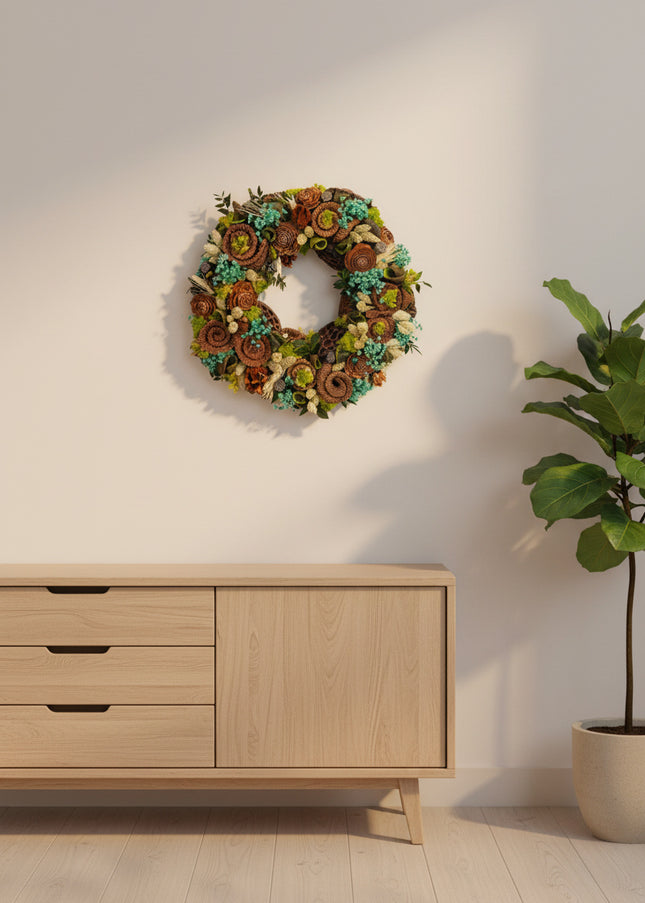 Coroniță Botanică „Emerald Forest Spiral” – Aranjament Handmade cu Flori de Lemn, Mușchi Stabilizat și Accente de Turcoaz