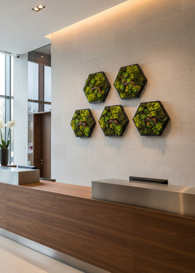 Decor Mural Modular „Emerald Hive” – Un Panou Hexagonal Handmade cu Mușchi, Licheni și Relief Botanic