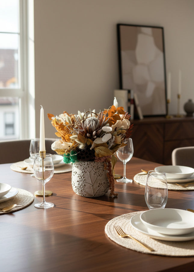 Aranjament Floral „Ivory & Earth” în Vas Ceramic Texturat – Compoziție Handmade cu Protea Albă, Lotus și Elemente Botanice Conservate