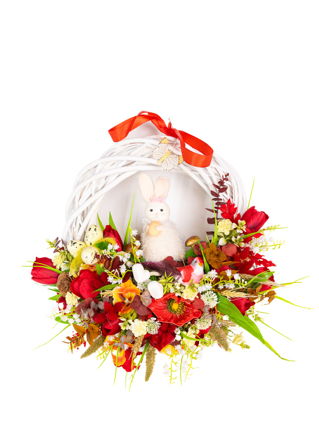 Coroniță florală de Paște „Easter Nest” – decor festiv cu iepuraș, flori și accente naturale