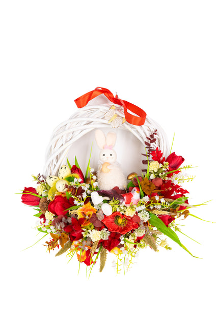 Coroniță florală de Paște „Easter Nest” – decor festiv cu iepuraș, flori și accente naturale