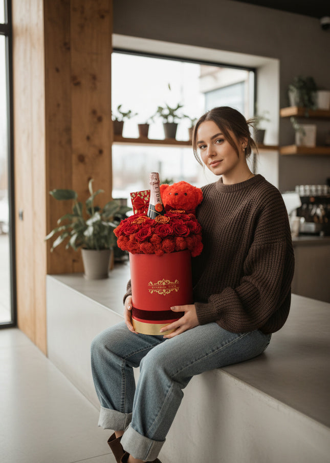 Aranjament Lux 21 Trandafiri Criogenați Roșii, Șampanie Moët & Ursulet