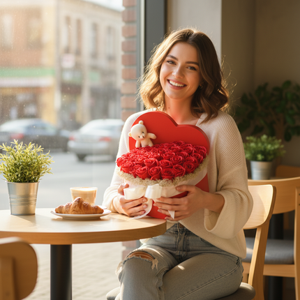 Aranjament Inimă Lux Trandafiri Săpun Roșii, Ursulet Alb