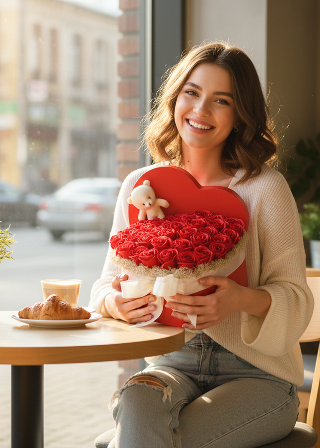 Aranjament Inimă Lux Trandafiri Săpun Roșii, Ursulet Alb