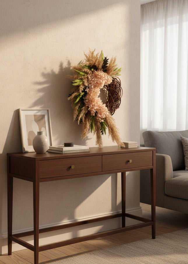 Coroniță Decorativă Handmade „Blush Willow Wreath” – Aranjament din Nuiele, Flori de Hortensie și Ierburi de Păpădie