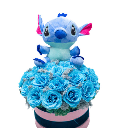 Aranjament 23 Trandafiri Imperiali Săpun (Glitter) & Pluș Stitch