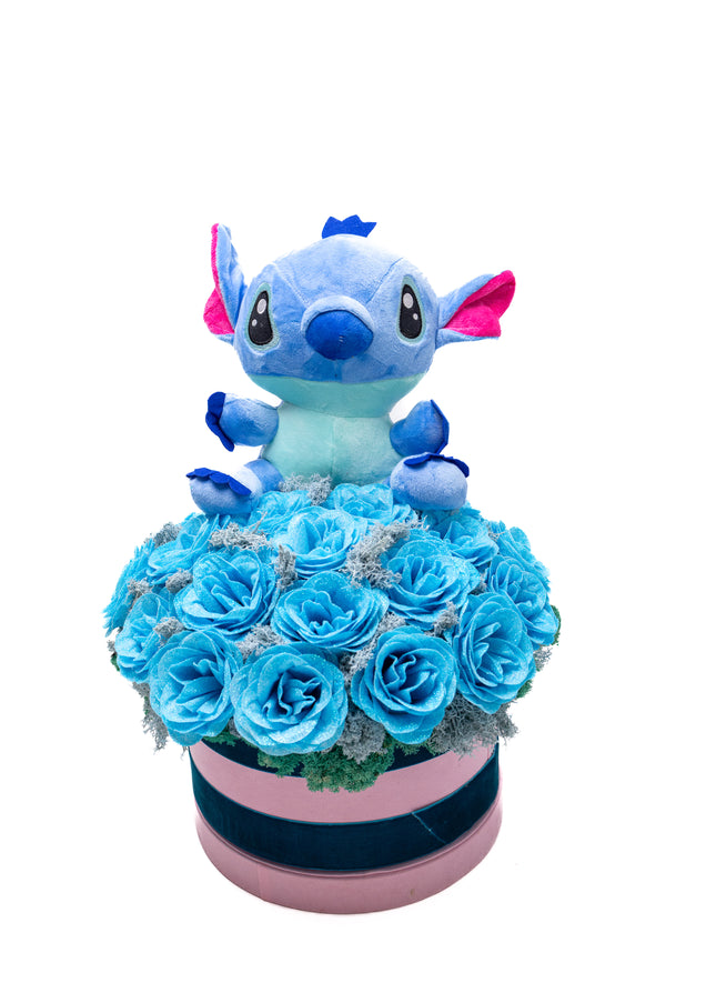 Aranjament 23 Trandafiri Imperiali Săpun (Glitter) & Pluș Stitch