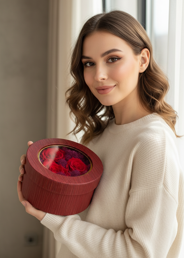Aranjament Lux 3 Trandafiri Criogenați Roșii, Cutie cu Fereastră
