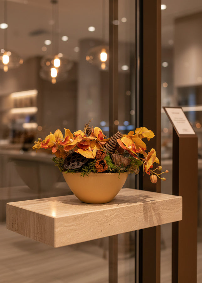 Aranjament Floral „Golden Orchid” în Vas Ceramic – Compoziție cu Orhidee Galbene, Licheni și Elemente Naturale Conservate