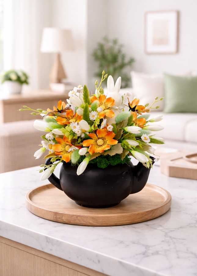 Aranjament de Paște „Spring Teapot” – decor floral în ceainic cu accente naturale