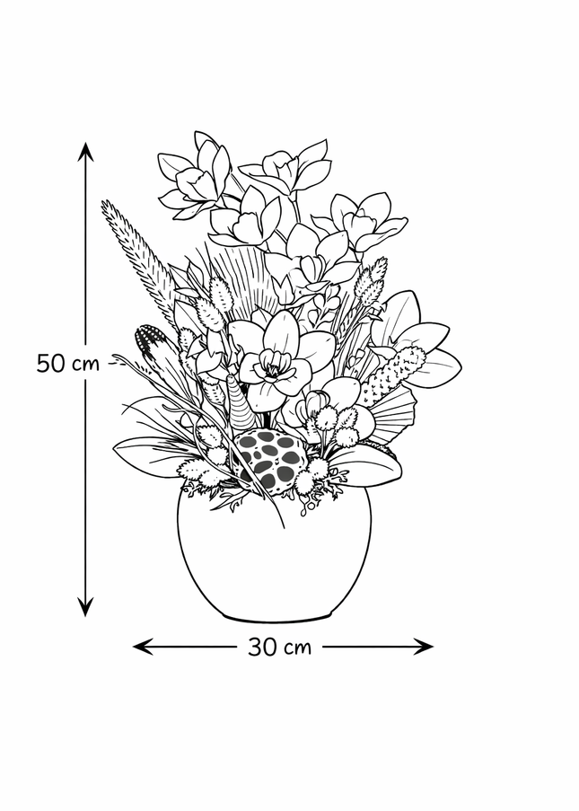 Aranjament floral „Amber Bloom” în vas ceramic – orhidee galbene și accente naturale