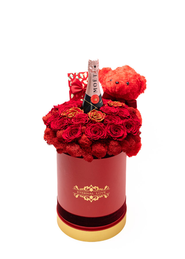 Aranjament Lux 21 Trandafiri Criogenați Roșii, Șampanie Moët & Ursulet