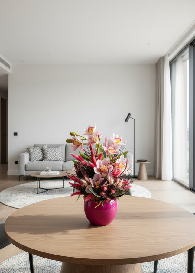 Aranjament floral „Pink Aura” în vas ceramic – orhidee roz și accente decorative