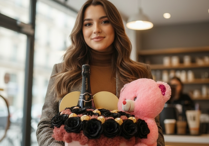 Aranjament Inimă 31 Trandafiri Negri (Glitter), Șampanie & Ursulet