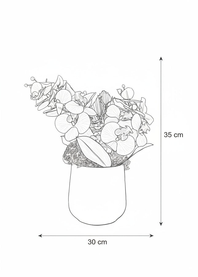 Aranjament Floral „Orchid Sunset” în Vas Ceramic – Compoziție Premium cu Orhidee Portocalii, Licheni și Accente Exotice