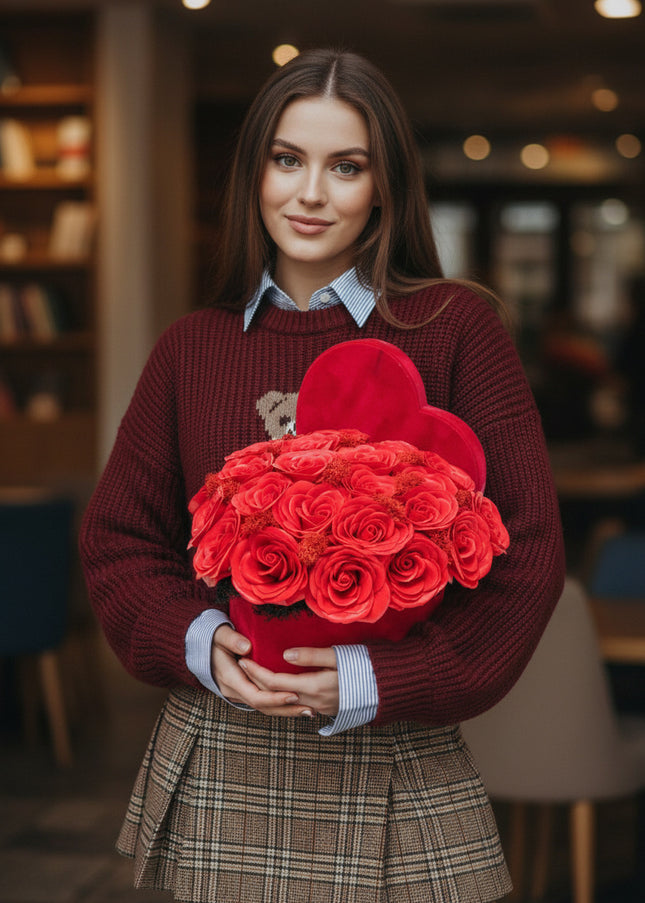 Aranjament "Red Eternal Passion" în Cutie Inimă Catifea