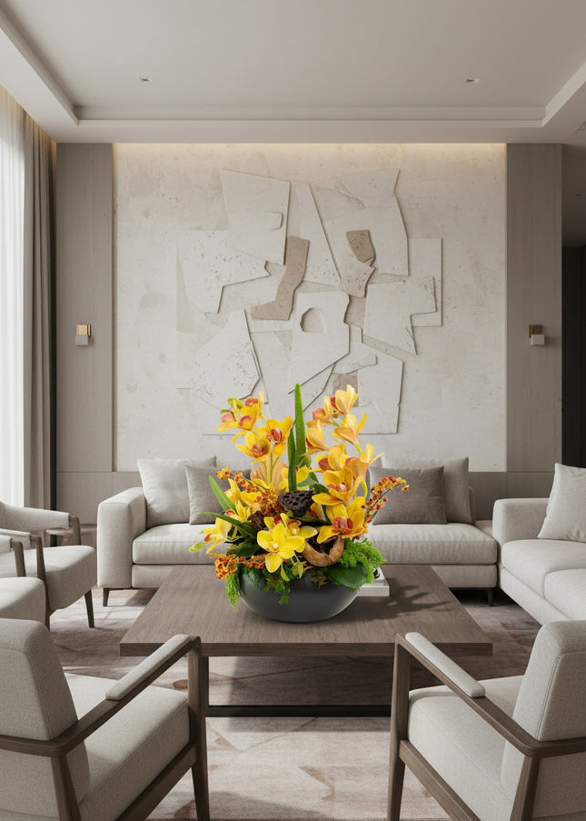 Aranjament Floral „Solar Orchid” în Vas Ceramic Negru – Decor de Lux cu Orhidee Galbene, Ilex și Accente Botanice Exotice