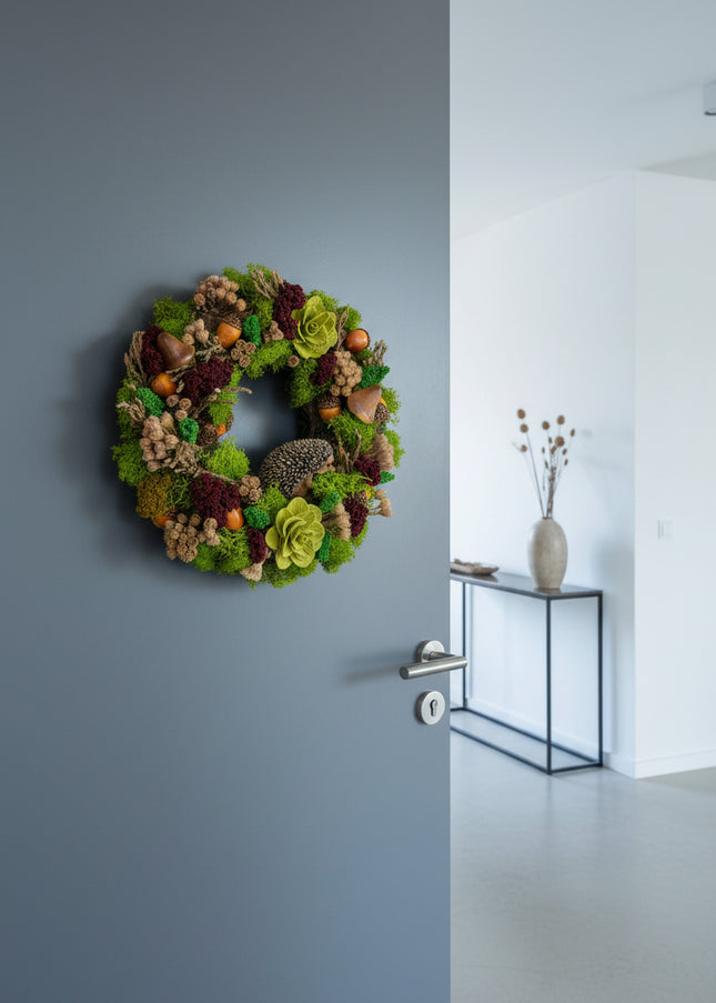 Coroniță Handmade „Forest Keeper” – Decor Artizanal din Licheni Stabilizați cu Arici, Ciupercuțe și Flori Verzi
