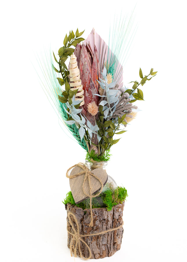 Aranjament Floral „Soft Serenity” pe Bază de Lemn – Creație Handmade cu Protea Roz, Palmier Pastel și Accente Turcoaz