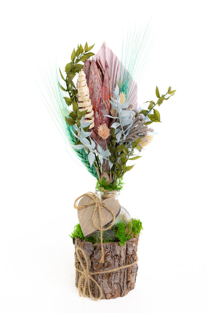 Aranjament Floral „Soft Serenity” pe Bază de Lemn – Creație Handmade cu Protea Roz, Palmier Pastel și Accente Turcoaz