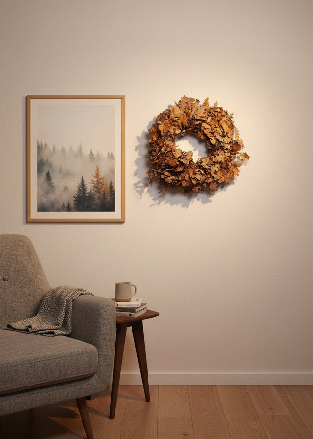 Coroniță Decorativă din Frunze de Stejar Uscate – Aranjament Natural Rustic, Tonuri Cafenii
